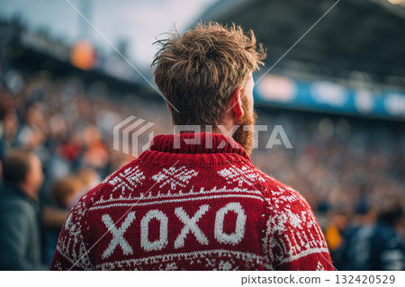 A man in a red Christmas sweater at a sports stadium supports his favorite team. Rear view of a fan at a stadium in winter. 132420529