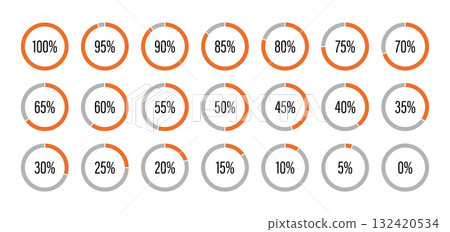 Template of orange and gray color fill pie charts indicator. Round graph loading progress set. Orange progress bars. Circle diagrams icons for infographics from 100 to 0 percent. Percentage Template of orange and gray color fill pie charts indicator. Round graph loading progress set. Orange progress bars. Circle diagrams icons for infographics from 100 to 0 percent. Percentage 132420534