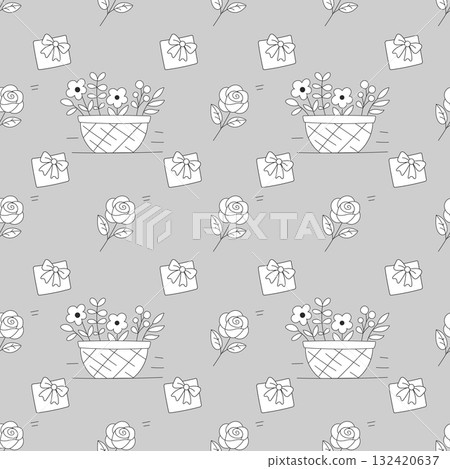 Seamless floral packaging pattern with baskets, roses and gifts on gray Seamless floral packaging pattern with baskets, roses and gifts on gray 132420637