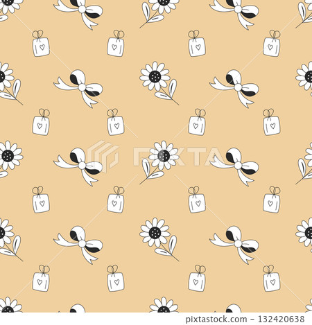 Stationery daisy and ribbon gift pattern on beige for cards and tags 132420638