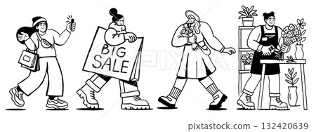 Stylish minimal black and white illustration of people with shopping bags and florist characters Stylish minimal black and white illustration of people with shopping bags and florist characters 132420639