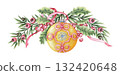 Watercolor wide arrangement with yellow ball Christmas tree ornament and yew branch. Hand drawn with sparkling and pencil texture. Pink and green composition. Perfect for greeting card and design. 132420648