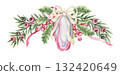 Watercolor Christmas tree ornament wide arrangement with ballet flats and yew branch hand drawn with sparkling and pencil texture. Pink and green composition. Perfect for greeting card and design. 132420649