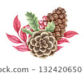 Watercolor bouquet with holly leaves and pinecone hand drawn with sparkling and pencil texture. Festive composition with pink and green hues. Perfect for Christmas greeting card and botanical design. 132420650