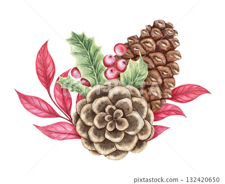Watercolor bouquet with holly leaves and pinecone hand drawn with sparkling and pencil texture. Festive composition with pink and green hues. Perfect for Christmas greeting card and botanical design. Watercolor bouquet with holly leaves and pinecone hand drawn with sparkling and pencil texture. Festive composition with pink and green hues. Perfect for Christmas greeting card and botanical design. 132420650
