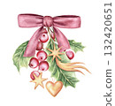 Dusty pink ribbon bow with holly twig and gold star hand drawn in watercolor with sparkling and pencil texture. Festive Christmas greeting card composition. Perfect for holiday and seasonal design. 132420651