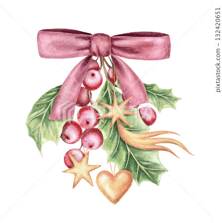 Dusty pink ribbon bow with holly twig and gold star hand drawn in watercolor with sparkling and pencil texture. Festive Christmas greeting card composition. Perfect for holiday and seasonal design. 132420651
