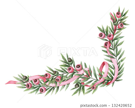 Watercolor pink ribbon twisted with yew branches hand drawn with sparkling and pencil texture. Aesthetic pink and green corner composition. Perfect for Christmas greeting card and seasonal design. Watercolor pink ribbon twisted with yew branches hand drawn with sparkling and pencil texture. Aesthetic pink and green corner composition. Perfect for Christmas greeting card and seasonal design. 132420652
