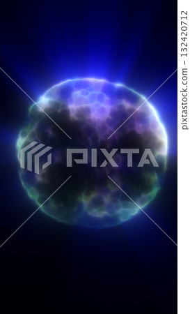Abstract glowing blue cosmic sphere with textured surface and radiant light effects 132420712