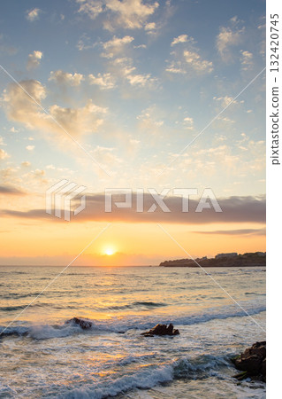 sea beach landscape at sunrise in summer. sun on the sky sea beach landscape at sunrise in summer. sun on the sky 132420745
