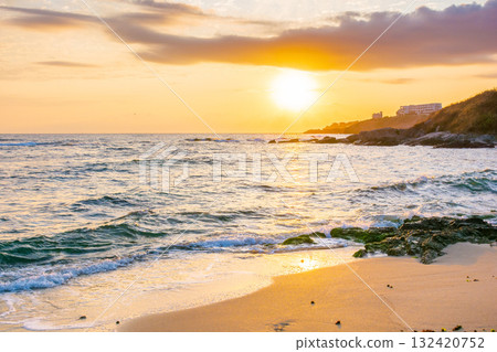 summer vacation at the sea. nature landscape with beach at sunrise summer vacation at the sea. nature landscape with beach at sunrise 132420752