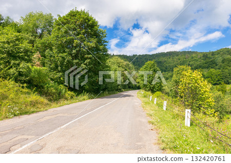 road through mountain landscape in summer. countryside nature of europe with blue sky and clouds 132420761