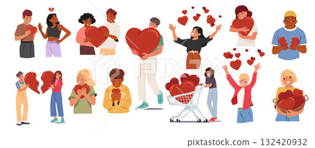 Teenagers characters with hearts set showcasing young love, deep friendship and emotional expression 132420932