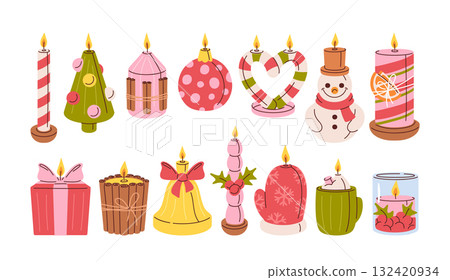 Christmas candles glowing with warm holiday light and festive decoration isolated hand drawn set 132420934