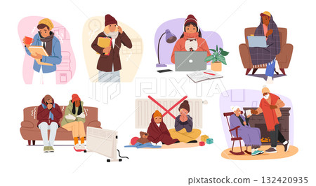 Diverse people characters experiencing extreme cold inside homes during winter cartoon scenes set 132420935