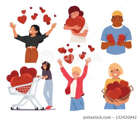 Contrasting emotional experiences of teenagers with hearts valentines day isolated set on white Contrasting emotional experiences of teenagers with hearts valentines day isolated set on white 132420942