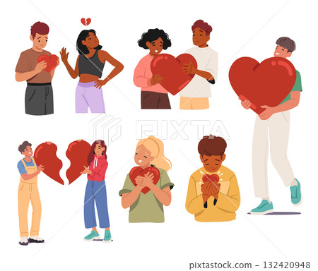 Teens with Valentines Day hearts experiencing first love and relationships breakage isolated set Teens with Valentines Day hearts experiencing first love and relationships breakage isolated set 132420948