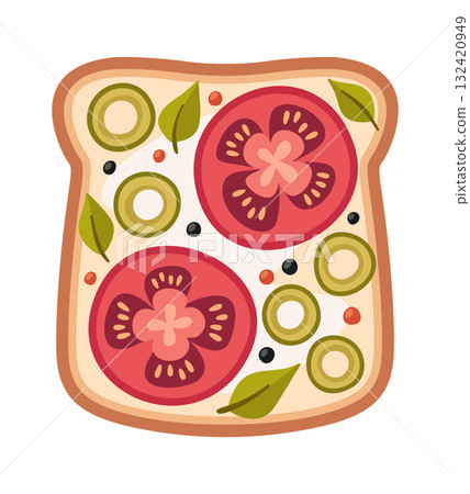 Breakfast toast with tomatoes, olives 132420949