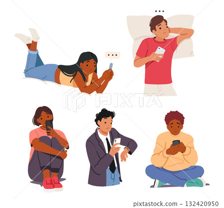 Adults, teenagers, businessman people characters waiting for phone call feeling sad and nervous Adults, teenagers, businessman people characters waiting for phone call feeling sad and nervous 132420950