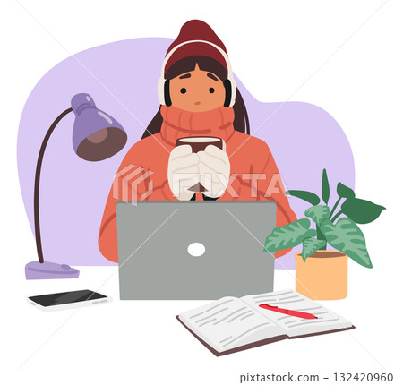 Young woman studying or working online via laptop while feeling cold in absence of heating at home 132420960