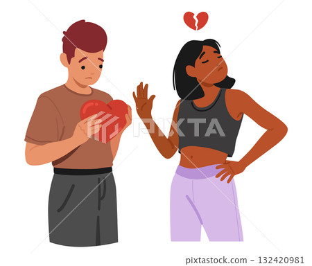 Sad boy with love heart getting rejection from beloved girl heartbreaking moment on Valentine day 132420981