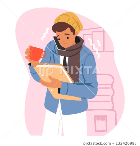 Young guy trying to warm up in absence of heating at home and doing work or studying cartoon scene 132420985