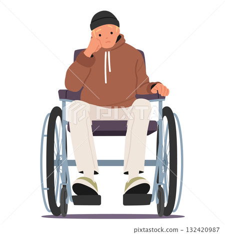Sad unhappy man cartoon character sitting in wheelchair thinking about live complex challenges 132420987