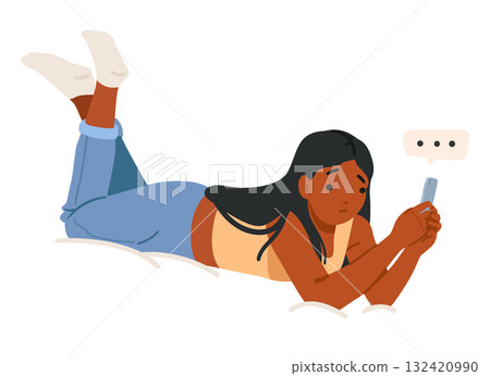 Teenage girl cartoon character looking at phone screen waiting for answer message isolated on white 132420990
