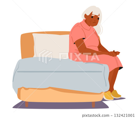 Upset lonely elderly woman cartoon character sitting alone on bed suffering from inner struggle 132421001