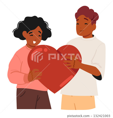 Teenage boy and girl cartoon characters sharing giant love heart showcasing romantic feelings Teenage boy and girl cartoon characters sharing giant love heart showcasing romantic feelings 132421003