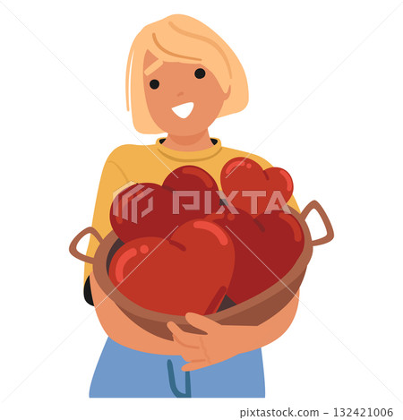 Charming teenage girl cartoon character carrying basket with red hearts isolated on white background Charming teenage girl cartoon character carrying basket with red hearts isolated on white background 132421006