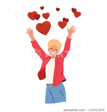 Happy teenage boy cartoon character celebrating Valentine day holiday standing under hearts rain Happy teenage boy cartoon character celebrating Valentine day holiday standing under hearts rain 132421014