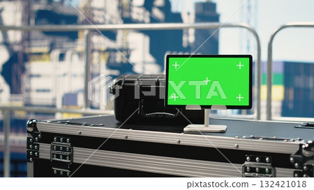 Isolated screen tablet and laptop on drilling rig used for doing maintenance, monitoring gear. Chroma key devices on offshore platform ship digital analyzing performance metrics Isolated screen tablet and laptop on drilling rig used for doing maintenance, monitoring gear. Chroma key devices on offshore platform ship digital analyzing performance metrics 132421018