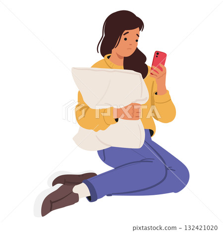 Young sad unhappy woman cartoon character hugging pillow looking at phone screen waiting for call 132421020