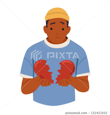 Sad teenage boy cartoon character holding broken heart in hands isolated on white background 132421032