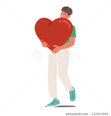 Teenage guy cartoon character carrying giant heart in hands walking isolated on white background 132421043