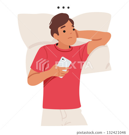 Sad thoughtful young man cartoon character holding phone waiting for call while lying on pillow 132421046