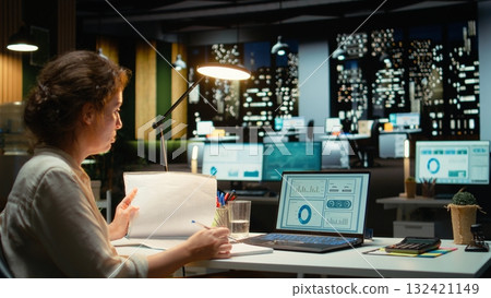 Executive is proofreading a report and documenting updates at night time in the strategy room, researching numbers to create a compelling presentation for next meeting, growth plan. Camera A. 132421149