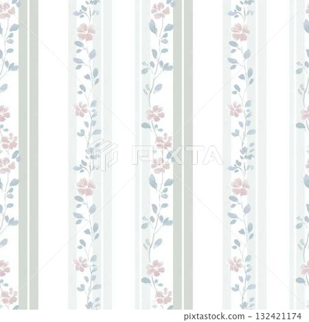 Seamless Pattern Pastel Green Watercolor Stripes with Pink Floral Accents for Elegant Wallpaper and Digital Designs 132421174