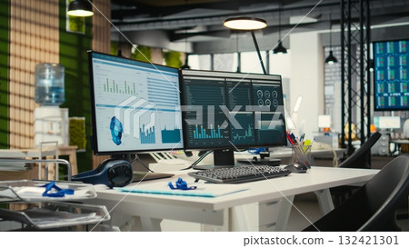 Empty corporate workstations with computers running financial diagnostics for forecasting, planning development with analytics and performance metrics. Synergy and efficiency at the workspace. 132421301
