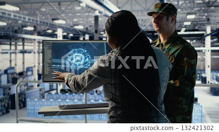 Army experts in server room use artificial intelligence program to review reconnaissance information. Military data center colleagues run machine learning systems to prepare missions, camera B Army experts in server room use artificial intelligence program to review reconnaissance information. Military data center colleagues run machine learning systems to prepare missions, camera B 132421302