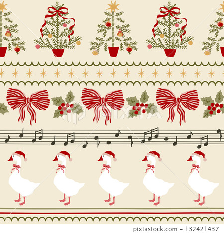Vintage Christmas striped seamless pattern with goose, red bow, ribbons, fir tree, music melody. Vector background 132421437