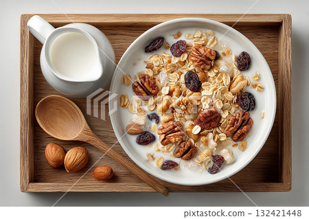 Breakfast tray. Top view of a tray of muesli in nuts on a bowl and milk jug on a white background. Classic breakfast. 132421448