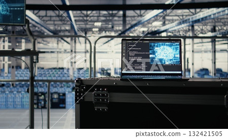 Close up of deep learning coding script running on laptop in server hub doing backups, handling queries. AI tech on notebook in data center enabling enterprise solutions systems, zoom in 132421505