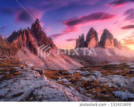 Alpine mountains at colorful sunset in autumn in Dolomites, Italy 132421609