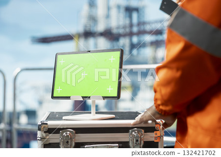 Close up of green screen mockup tablet uses by offshore platform engineer tracking oil production efficiency. Drilling rig employee uses chroma key device to check equipment sensor readings Close up of green screen mockup tablet uses by offshore platform engineer tracking oil production efficiency. Drilling rig employee uses chroma key device to check equipment sensor readings 132421702