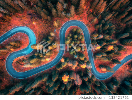Aerial view of winding serpentine road in colorful autumn forest Aerial view of winding serpentine road in colorful autumn forest 132421761