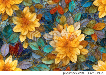 Premium material. Mosaic of glass pearl multi-colored tiles. Leaf patterns. Top view. Premium material. Mosaic of glass pearl multi-colored tiles. Leaf patterns. Top view. 132421934