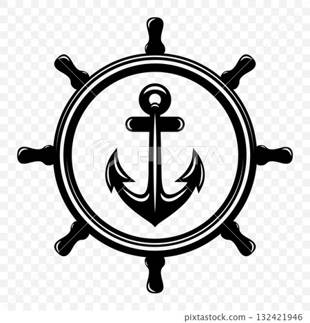 Vector Vintage Anchor and Ship Wheel. Nautical Marine Helm Icon, Retro Captain Tattoo Design, Sailing Club Logo, Maritime Adventure Emblem, Sea Navigation Symbol, Classic Ship Wheel Silhouette 132421946