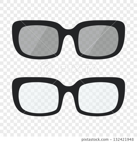 Black Glasses and Sunglasses. Stylish Eyewear, Transparent Lens and Dark Shades. Modern Fashion Accessory for Optics, Vision Correction, Summer Design Concept 132421948
